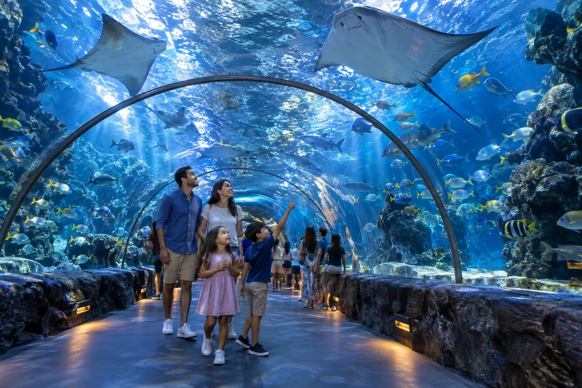 Family exploring an aquarium tunnel with rays overhead