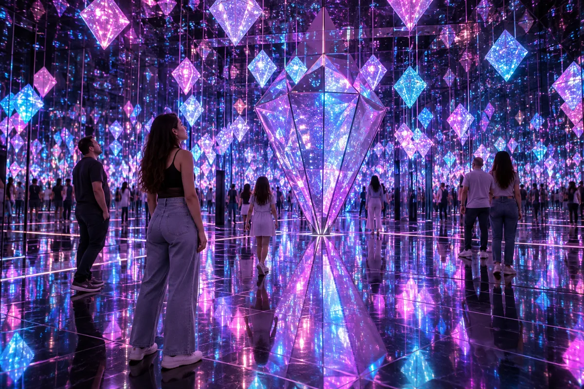 Visitors exploring a mirrored immersive light installation