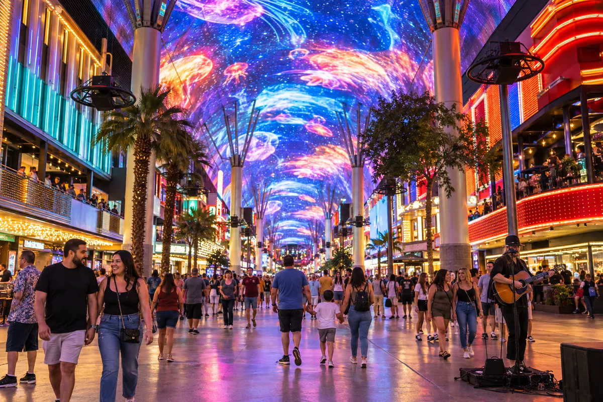 Visitors beneath a colorful downtown Las Vegas light canopy