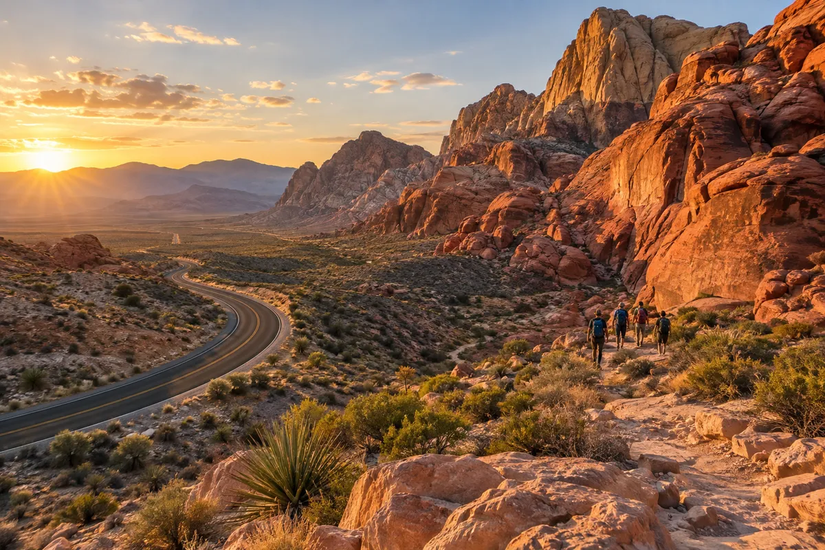 Hikers exploring Red Rock Canyon at sunset