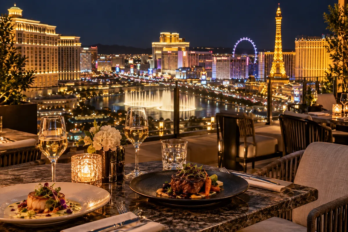 Elegant rooftop dining overlooking the Las Vegas skyline