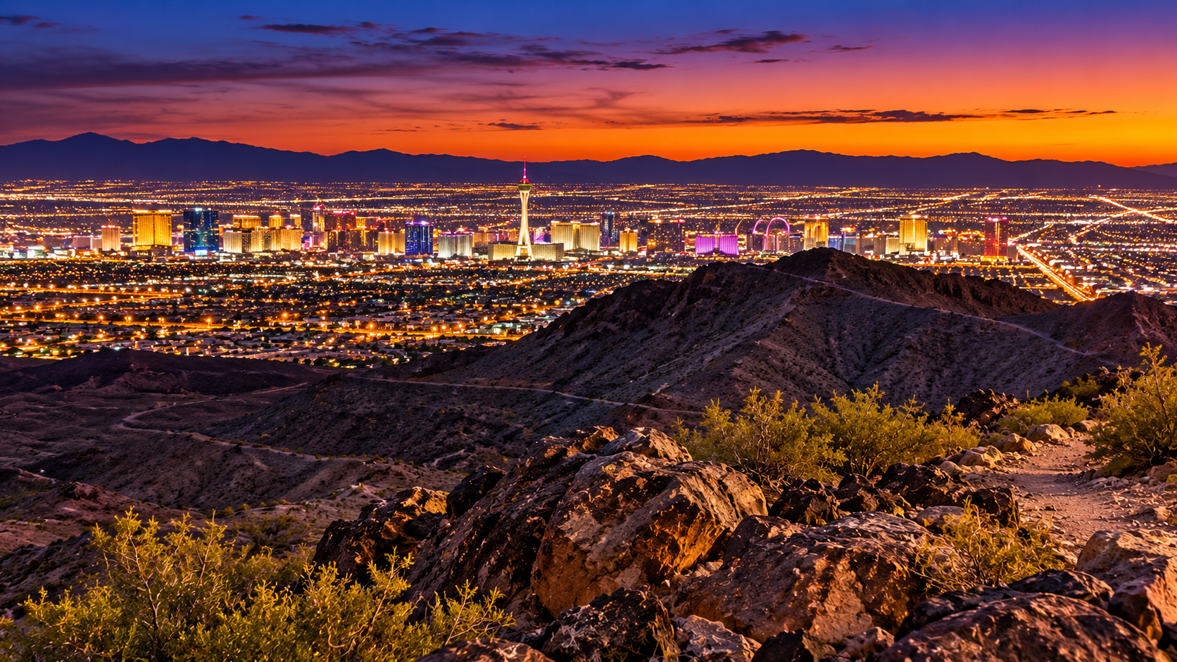 The Las Vegas skyline viewed from the desert at sunset