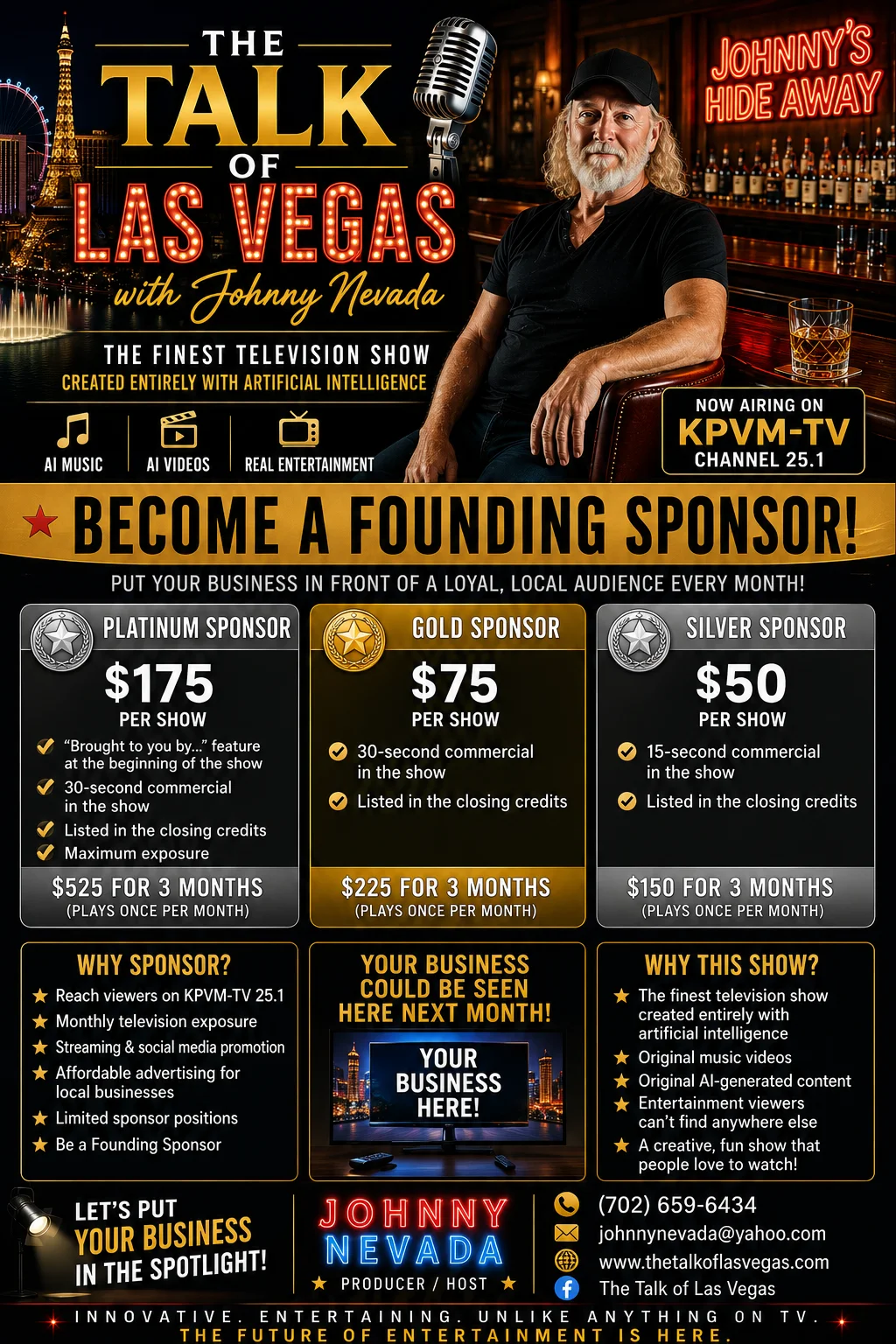 The Talk of Las Vegas founding sponsor flyer with Platinum, Gold and Silver packages